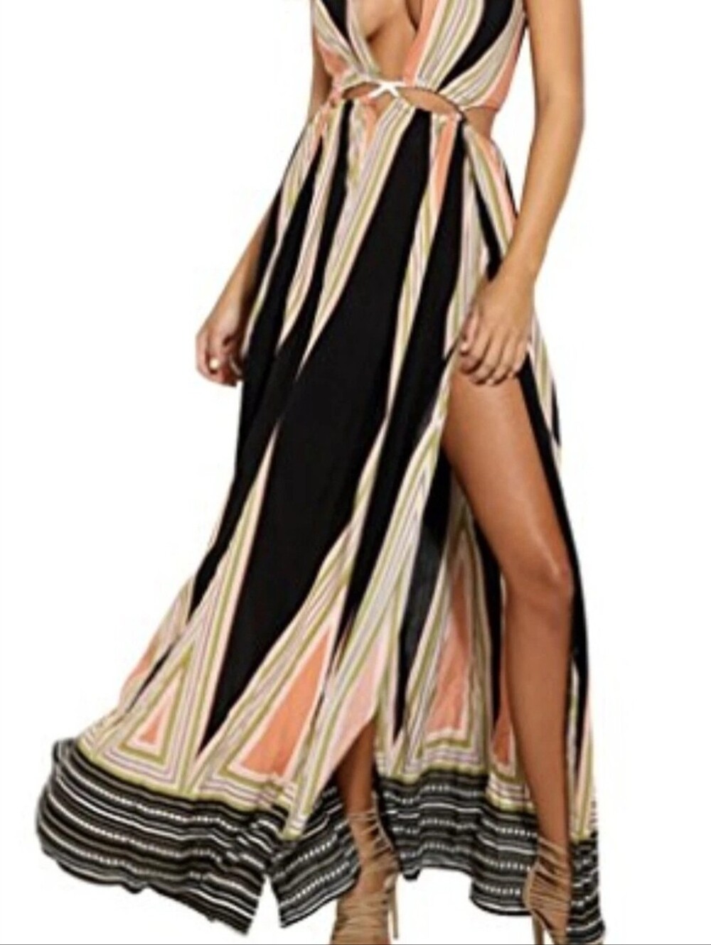 Black and Coral Striped Cutout Maxi Dress Cover Up